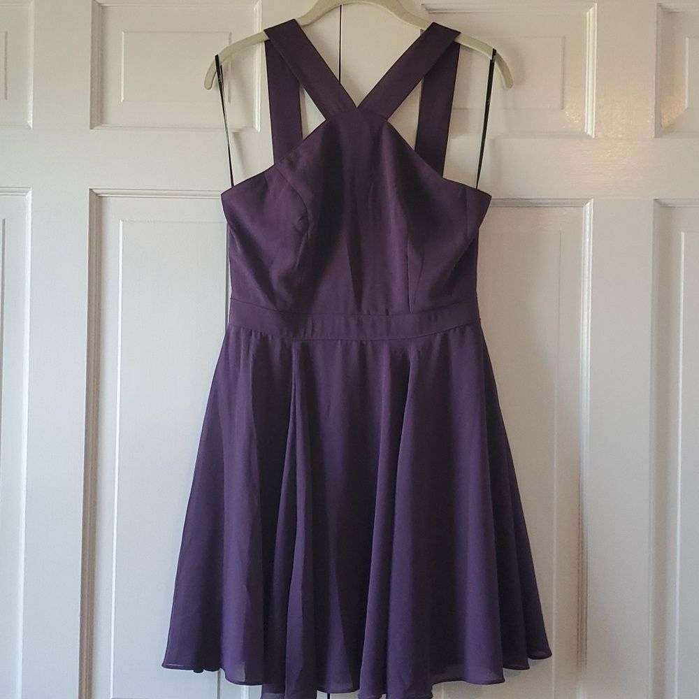 LULUS FOREVERMORE DUSTY PURPLE HALTER SKATER PARTY DRESS FIT FLARE MEDIUM FALL